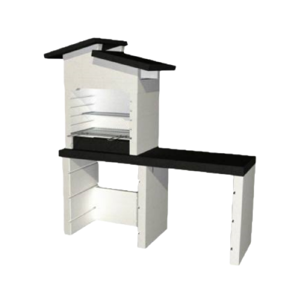 Barbecue maçonné extérieur blanc et noir, foyer à charbon, plan de travail latéral-ecostyLe.store