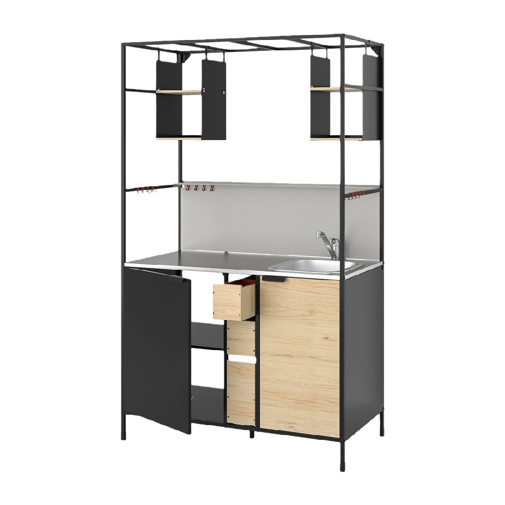 Cuisine extérieure compacte avec évier en acier inoxydable, rangements intégrés, structure en acier-ecostyLe.store