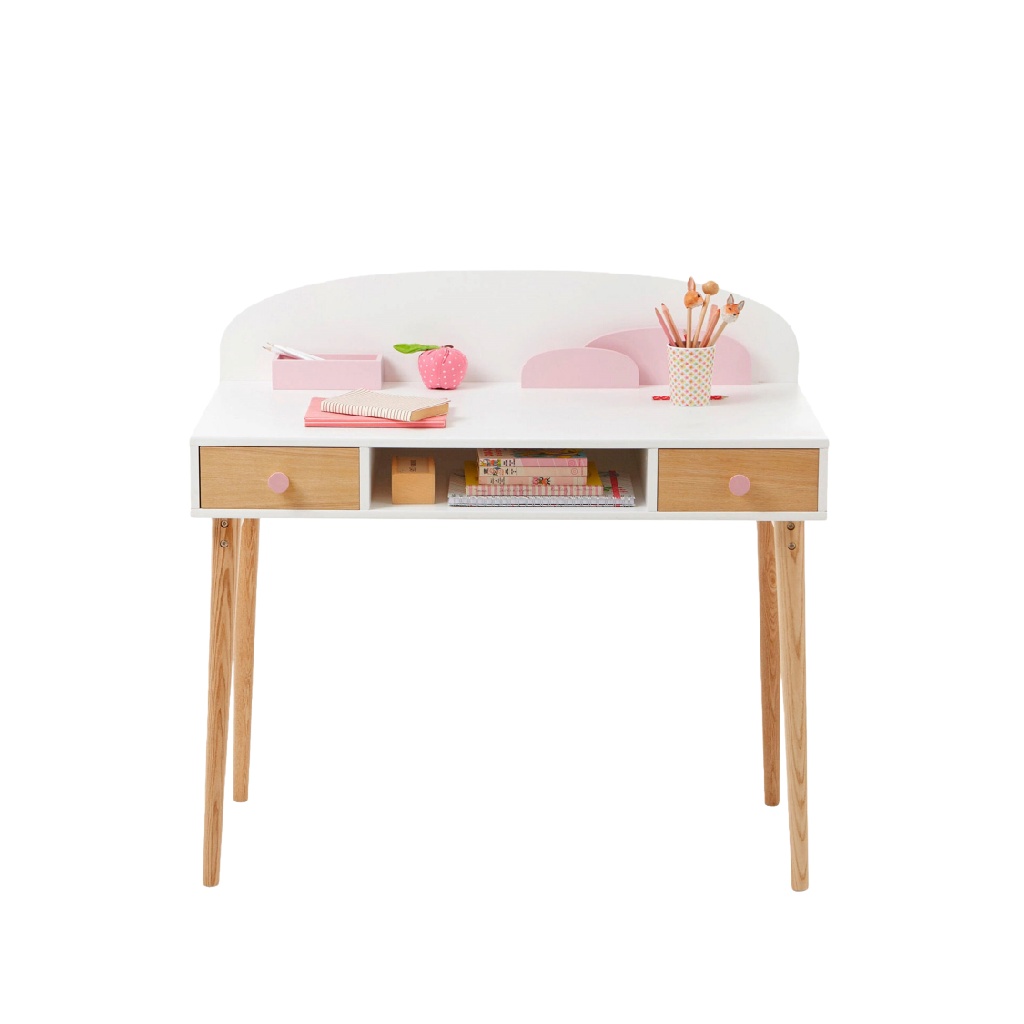 Bureau enfant avec dosseret, tiroirs intégrés, finition bois clair et blanc-ecostyLe.store