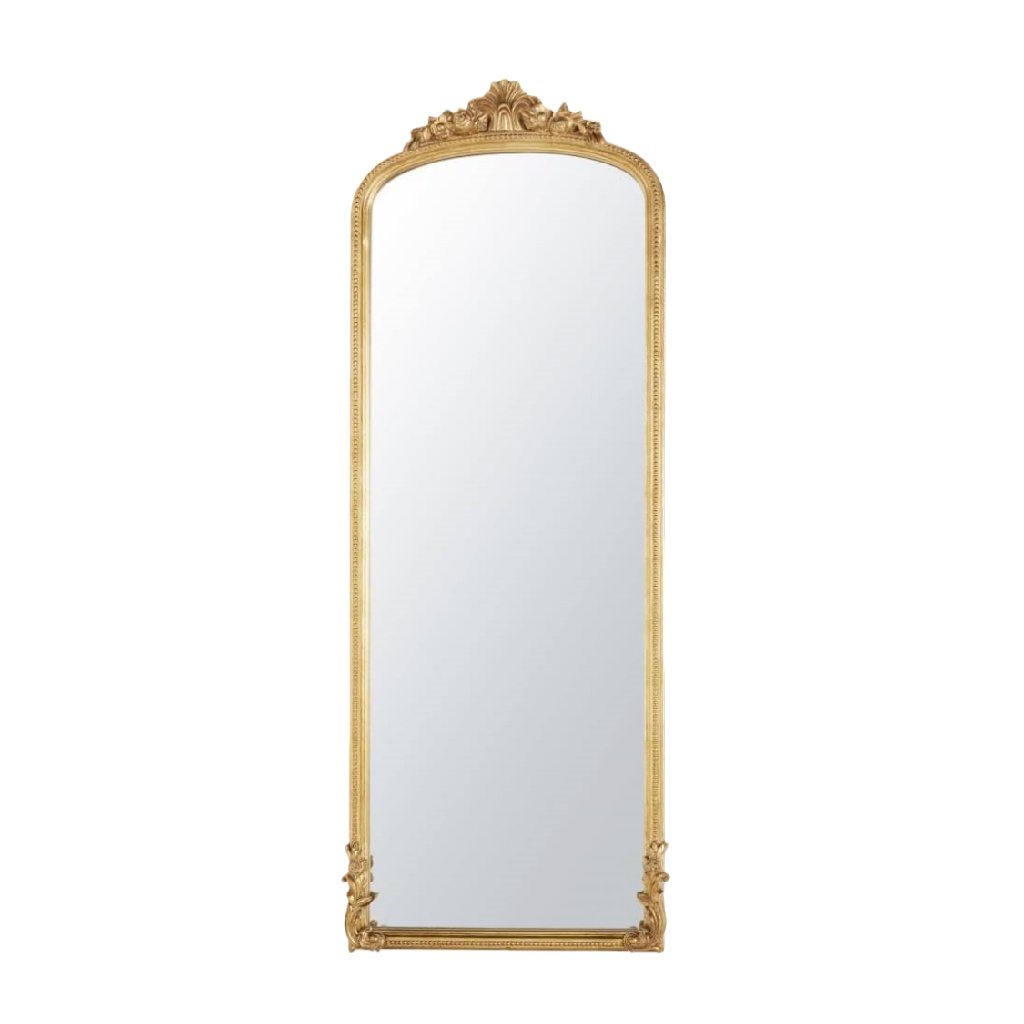 Miroir mural plein pied en forme d’arche avec cadre baroque doré sculpté — style classique-ecostyLe.store