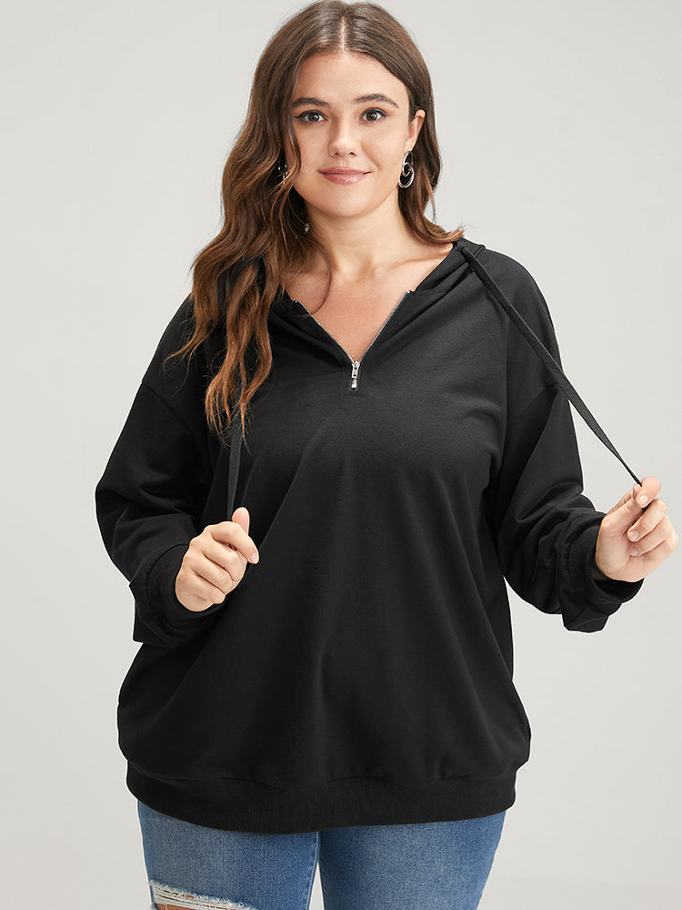 Solid Zipper Front Pocket Drawstring Hooded Sweatshirt-Sweetccc