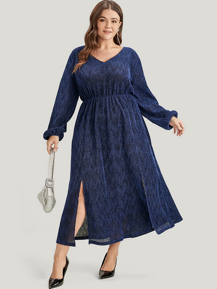 Solid Lantern Sleeve Sequin Split Hem Dress-Sweetccc