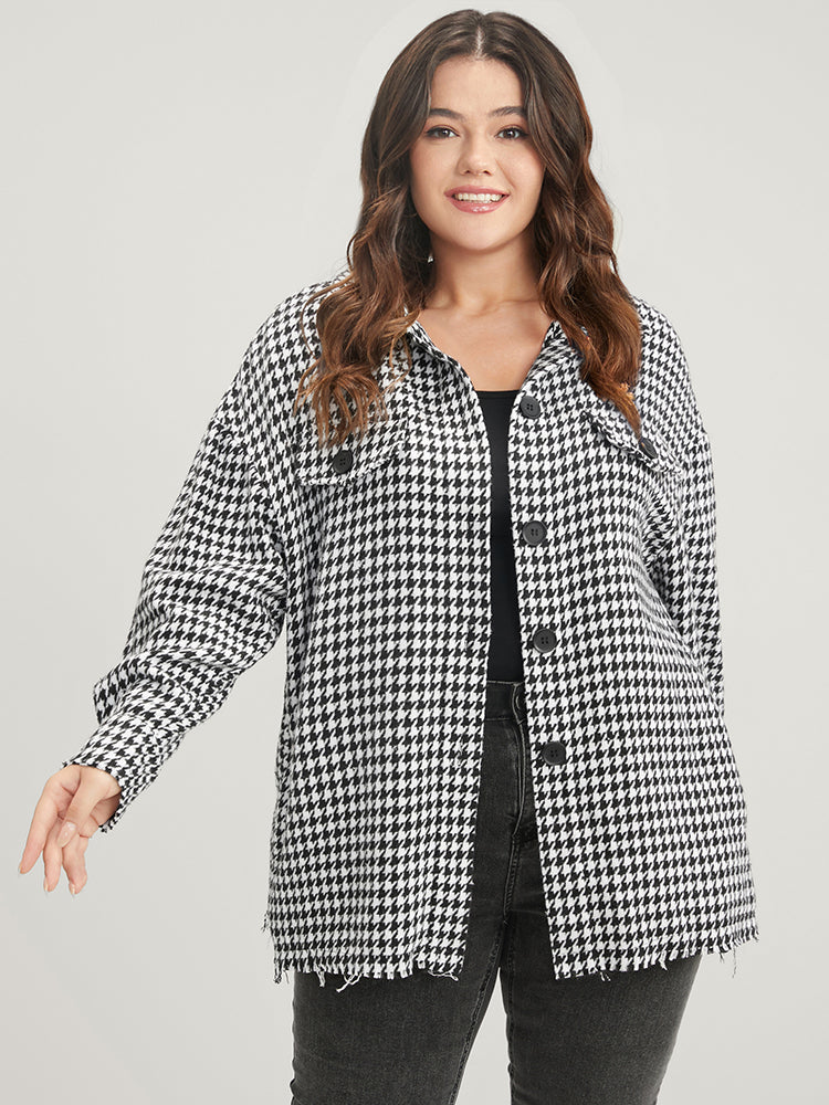 Houndstooth Pocket Button Up Coat-Sweetccc