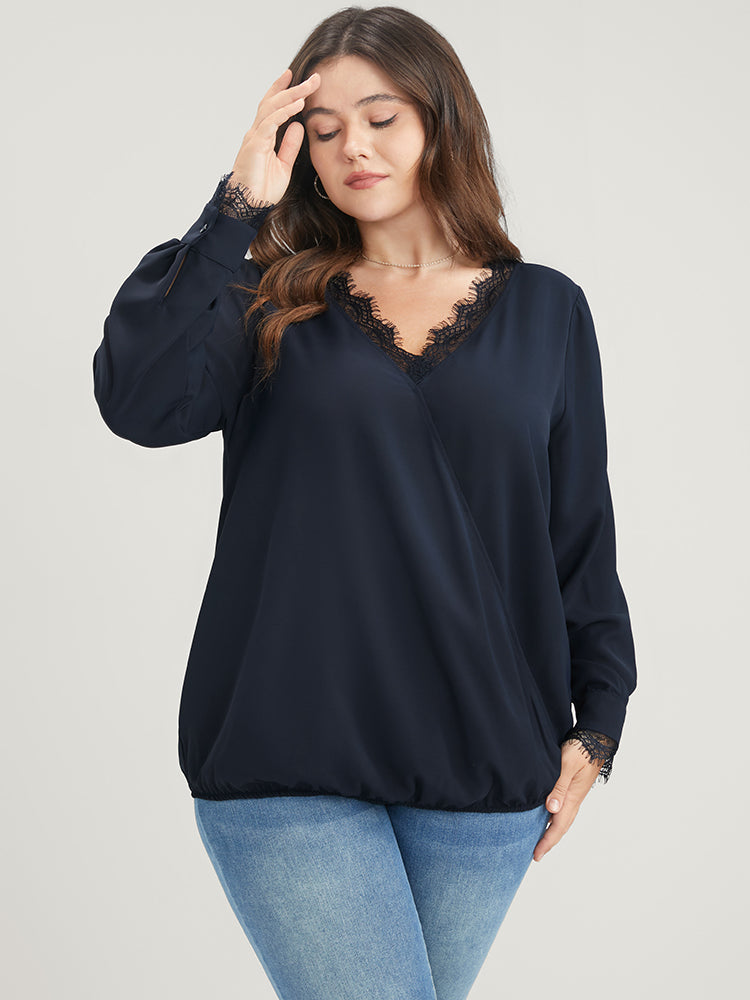 Solid Lace Trim Wrap Blouse-Sweetccc