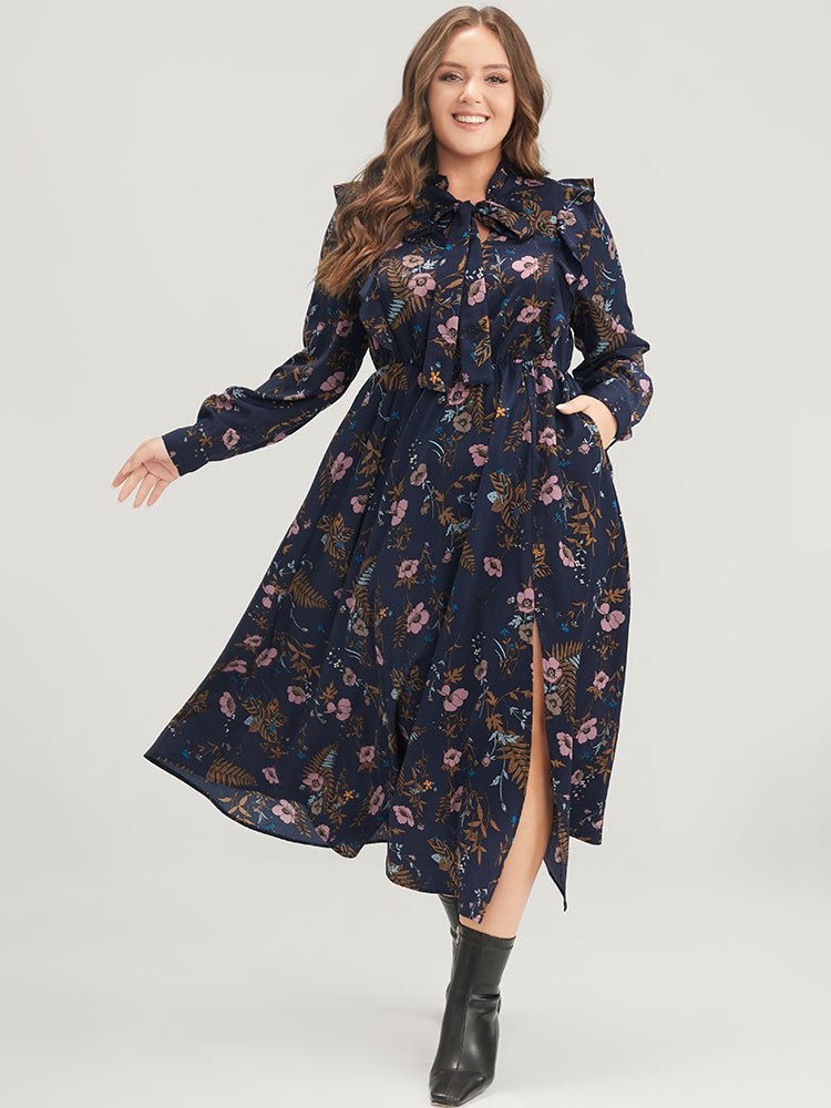 Floral Pocket Knotted Neck Ruffle Trim Split Dress-Sweetccc