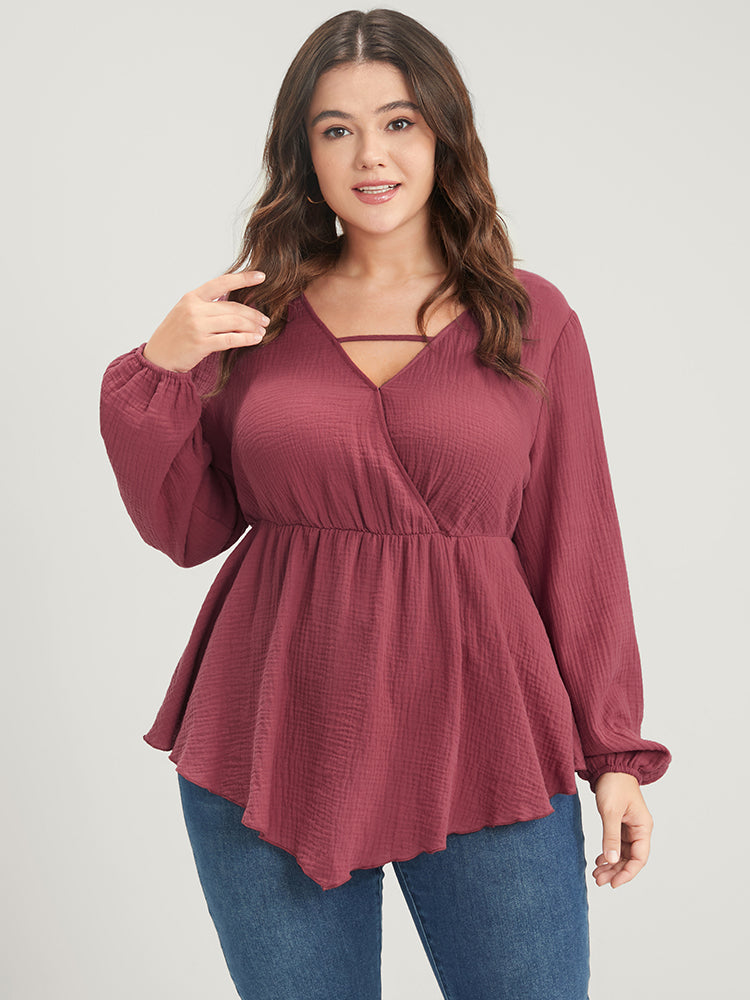 Solid Lantern Sleeve Asymmetrical Hem Wrap Blouse-Sweetccc