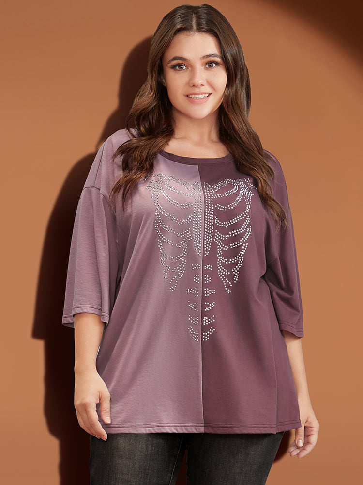 Halloween Skeleton Print Colorblock Contrast  T-shirt-Sweetccc