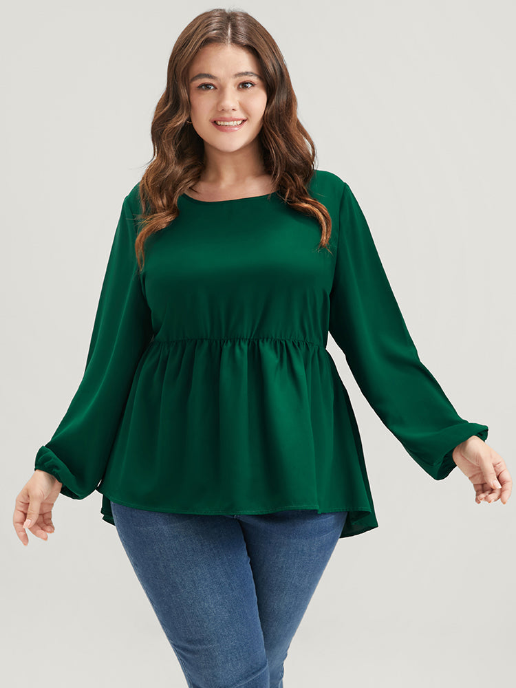 Solid Lantern Sleeve High Low Hem Flutter Blouse-Sweetccc