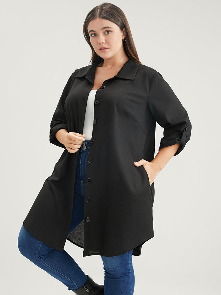 Solid Pocket Button Up Cuffed Sleeve Coat-Sweetccc