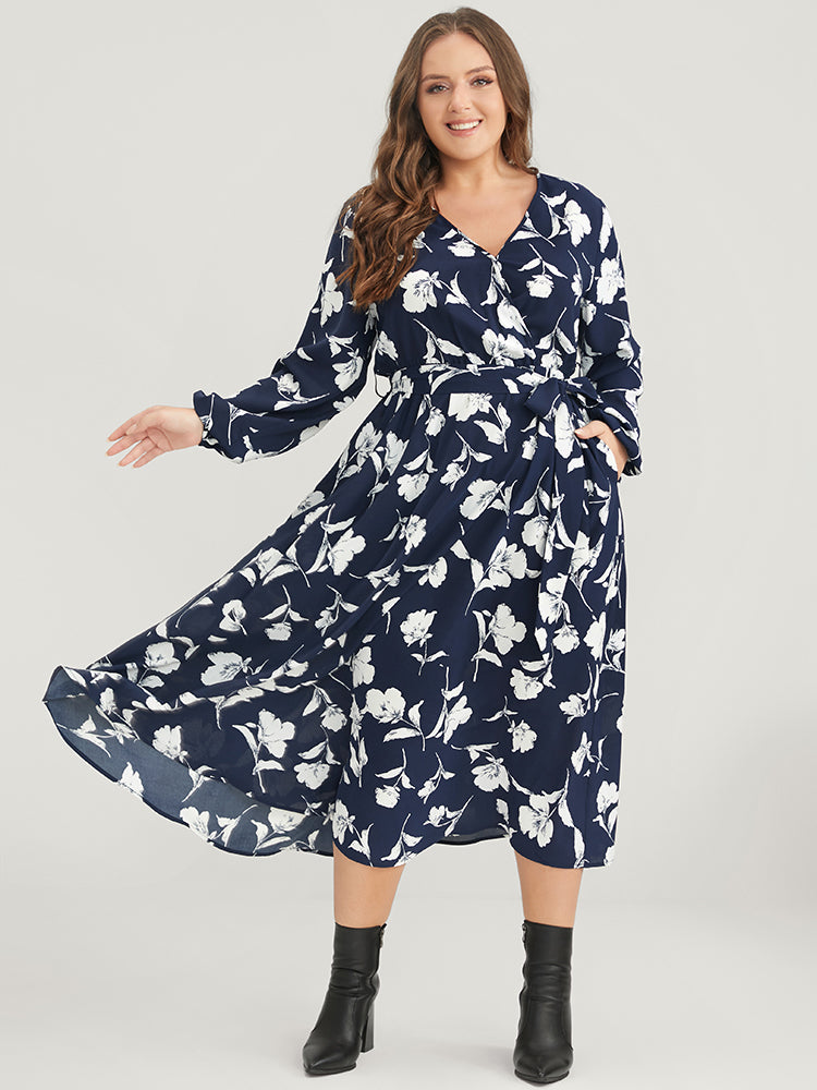 Floral Pocket Surplice Neck Belted Midi Dress-Sweetccc