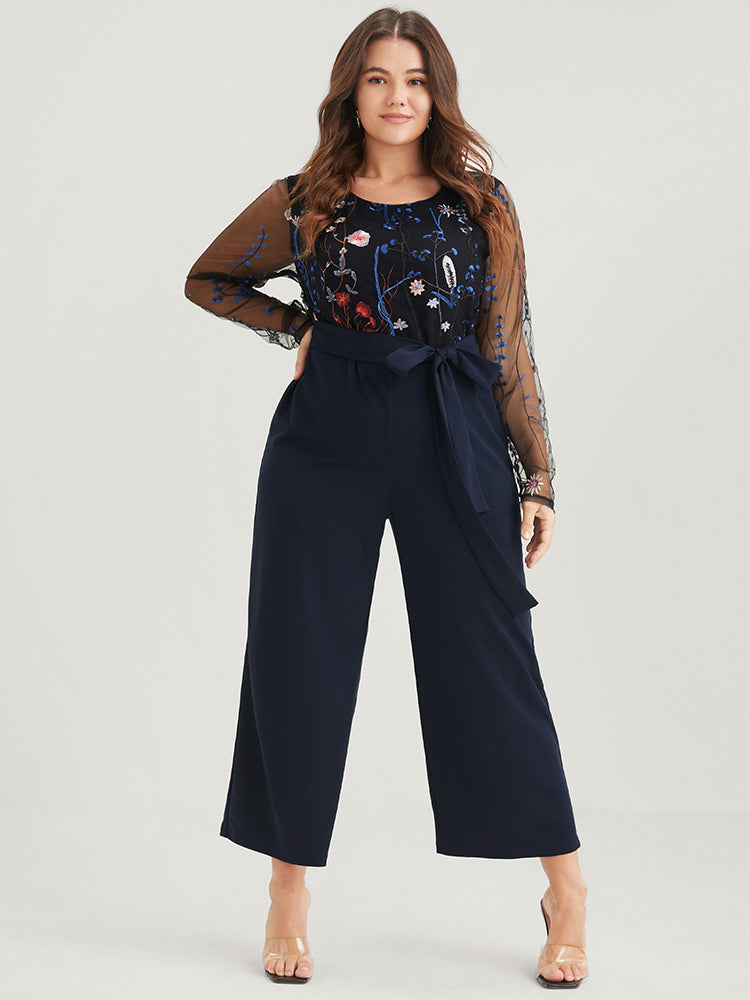 Solid Pocket Embroidered Mesh Sleeve Knotted Jumpsuit-Sweetccc