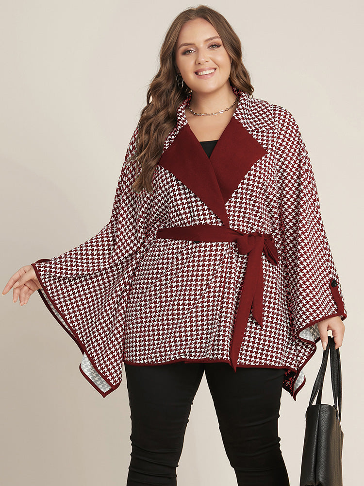 Houndstooth Contrast Dolman Sleeve Suit Collar Belted Coat-Sweetccc