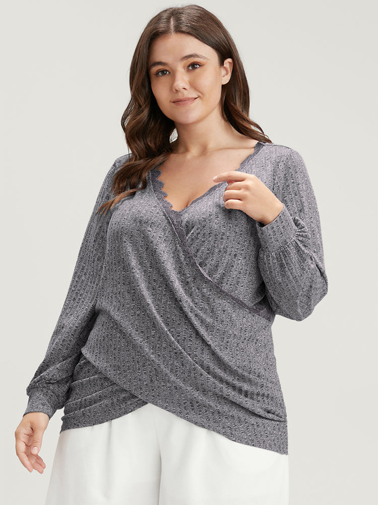 Solid Lace Trim Rib Knit Crossover Long Tee-Sweetccc