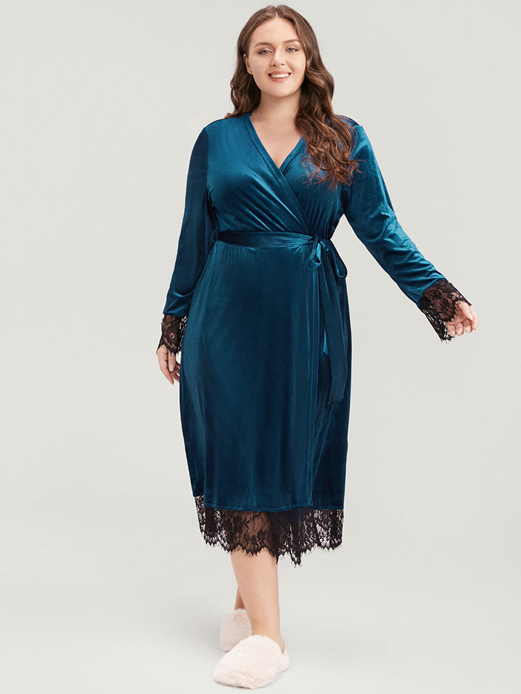 Solid Lace Trim Belted Wrap Velvet Midi Dress-Sweetccc
