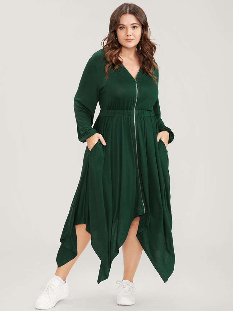 Solid Pocket Zipper Up Hanky Hem Dress-Sweetccc