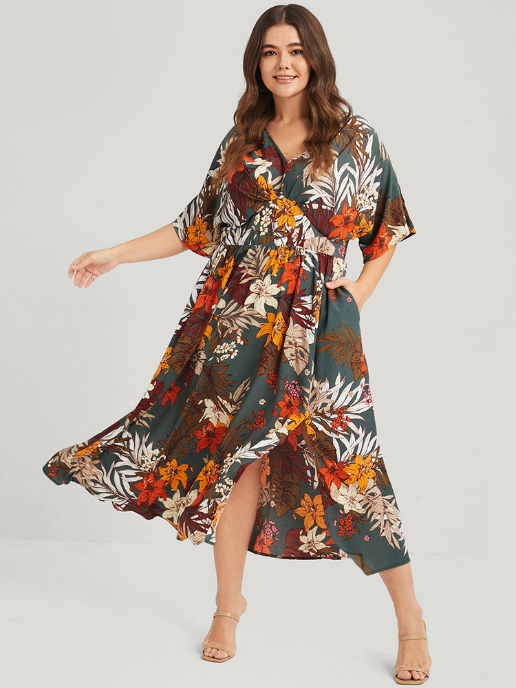Floral V Neck Split Pleated Pocket Maxi Dress-Sweetccc