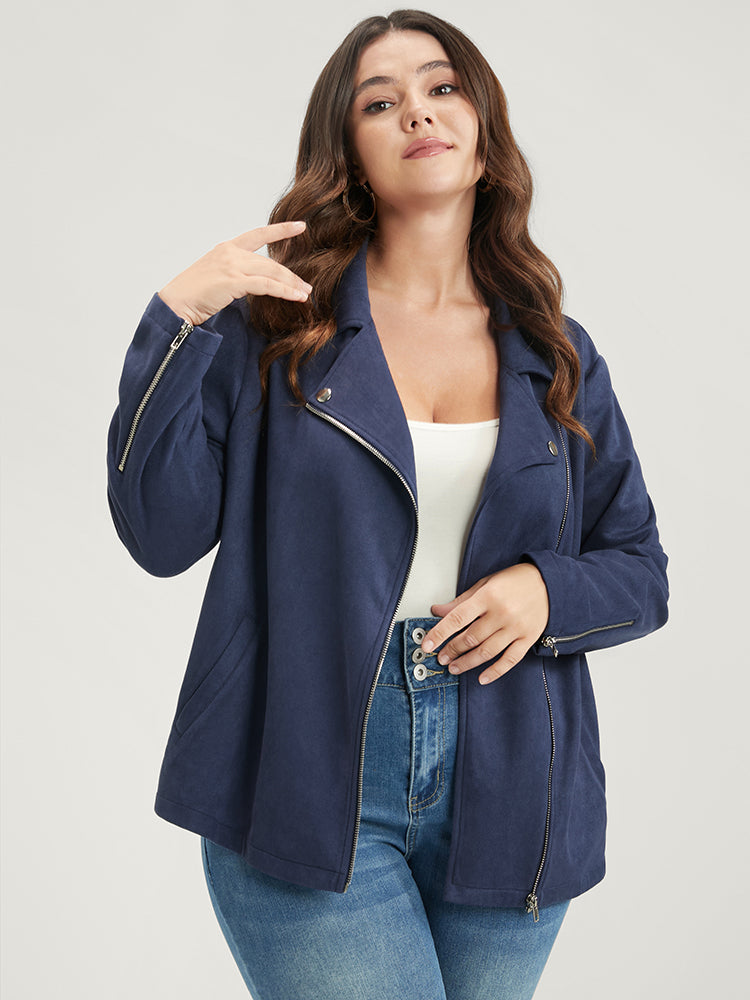 Solid Lapel Collar Pocket Zip Up Coat-Sweetccc