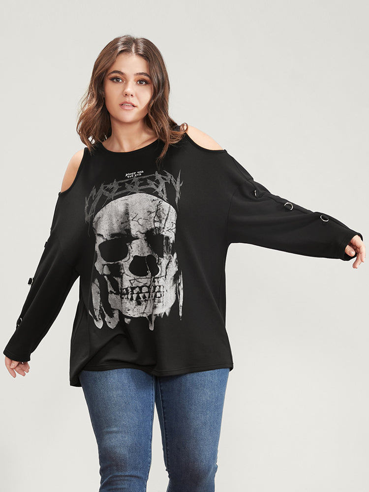 Halloween Skull Print Cold Shoulder Sweatshirt-Sweetccc