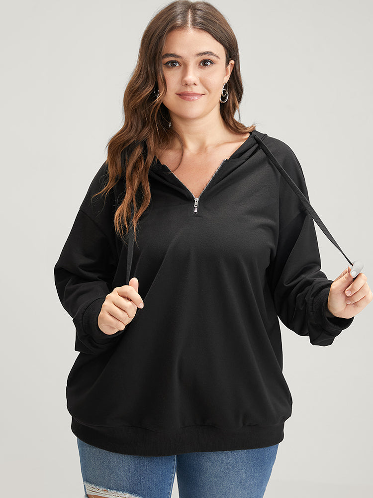 Solid Zipper Front Pocket Drawstring Hooded Sweatshirt-Sweetccc