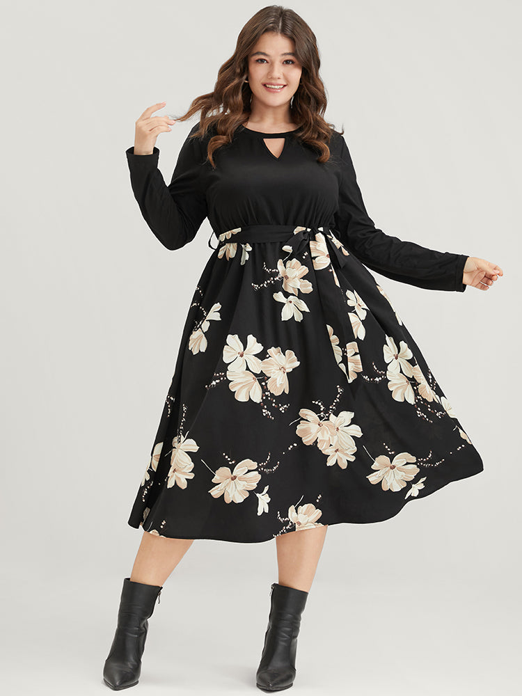 Floral Print Keyhole Round Neck Pocket Belted Dress-Sweetccc