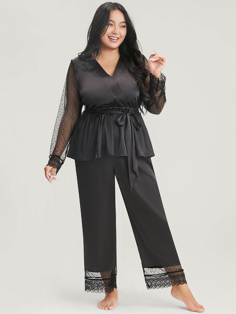Solid Mesh Lace Wrap Belted Pajama Set-Sweetccc