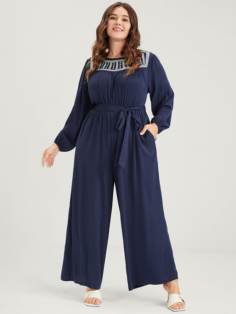 Solid Pocket Lantern Sleeve Embroidered Belted Jumpsuit-Sweetccc