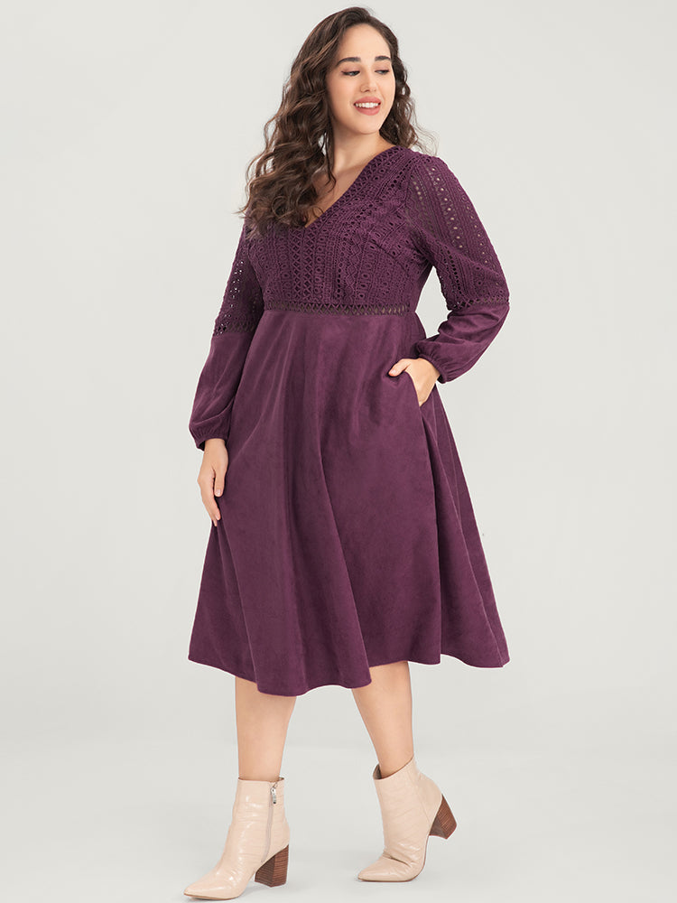 Solid Lantern Sleeve Pocket Crochet Lace Dress-Sweetccc