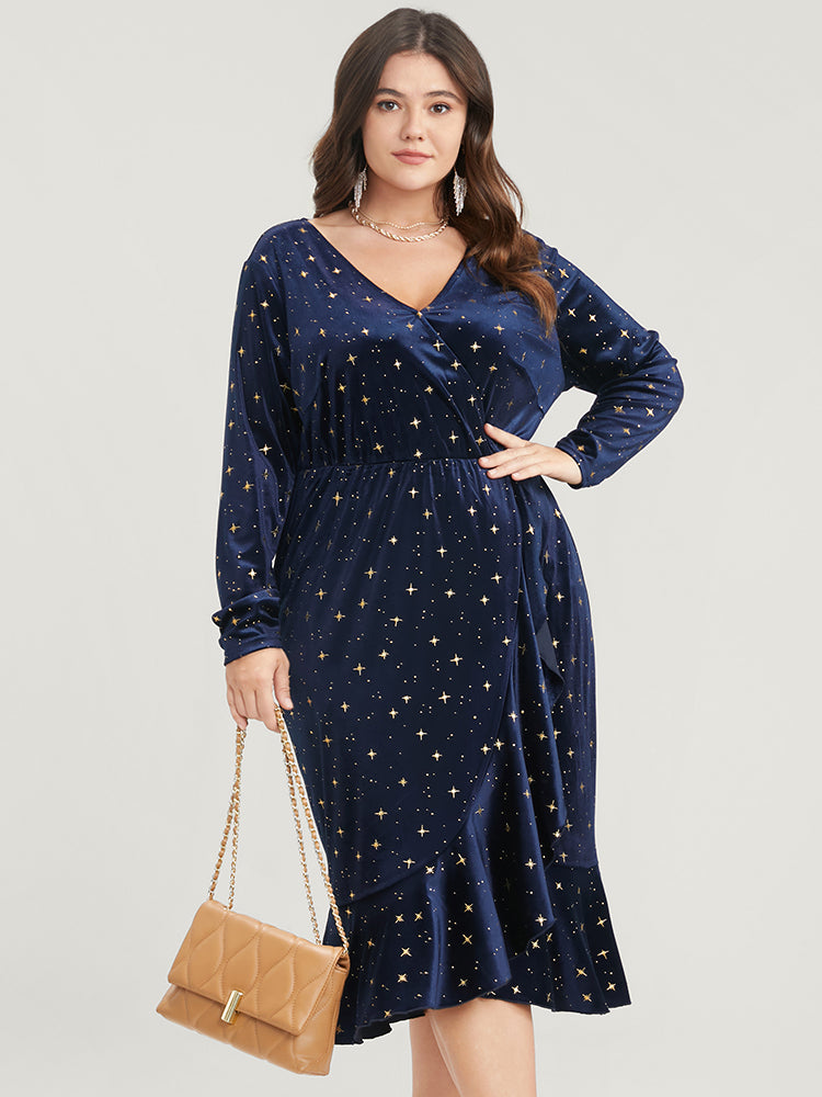 Star Print Wrap Ruffle Trim Velvet Midi Dress-Sweetccc