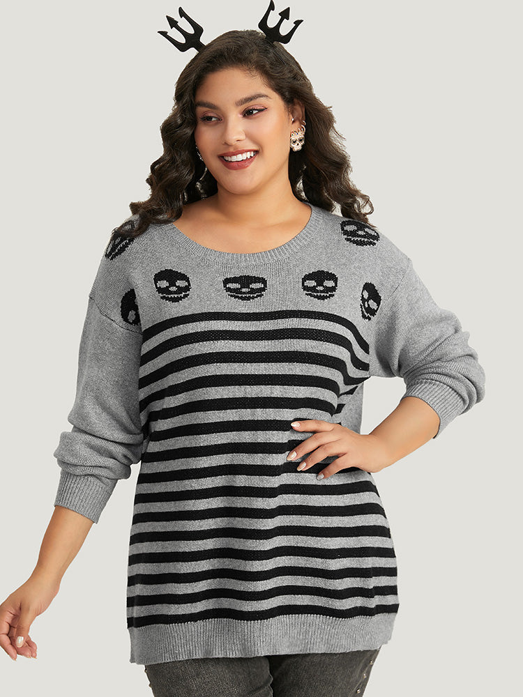 Halloween Supersoft Essentials Skull Print Striped Round Neck Pullover-Sweetccc