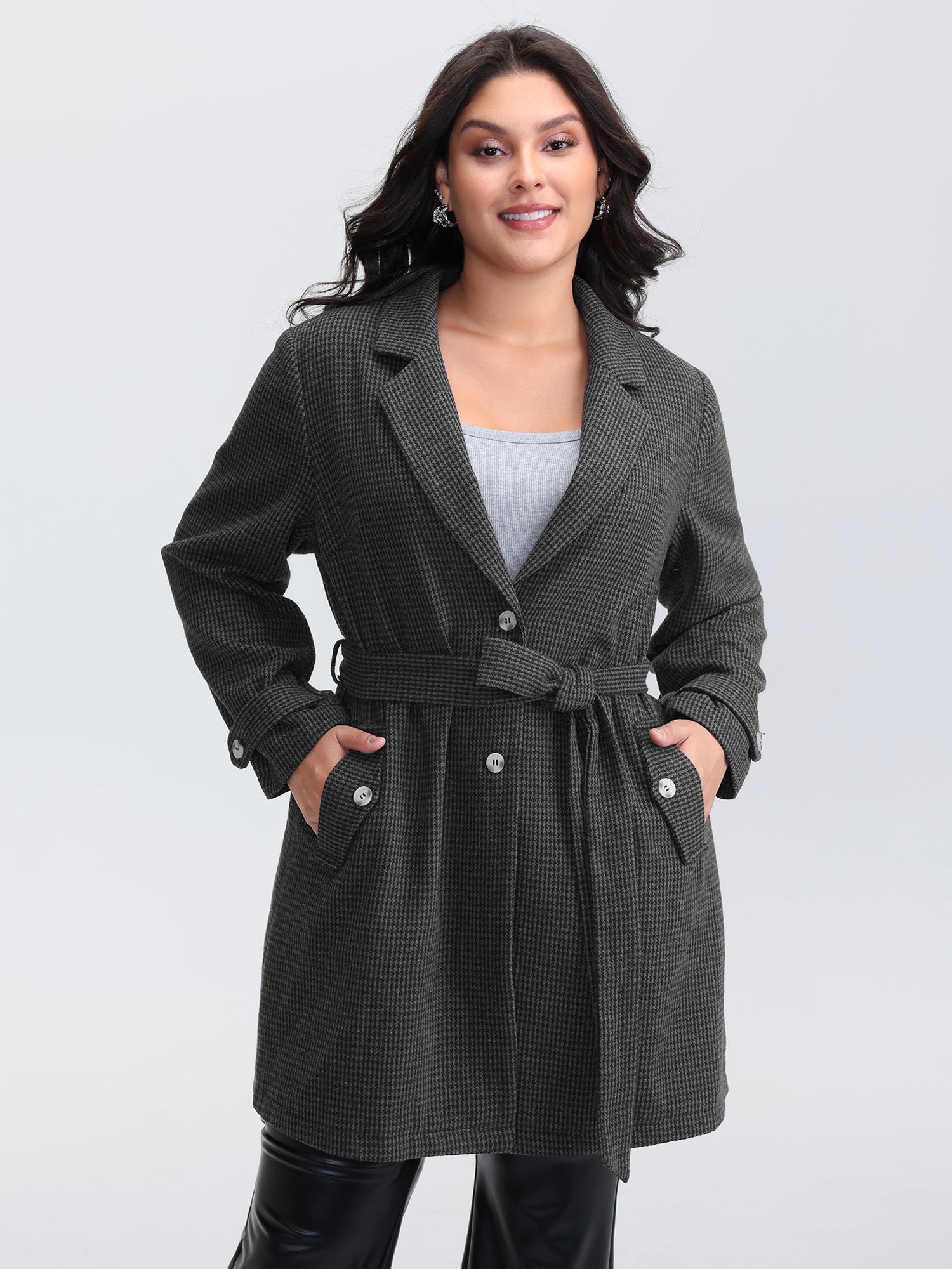 Houndstooth Button Detail Belted Coat-Sweetccc