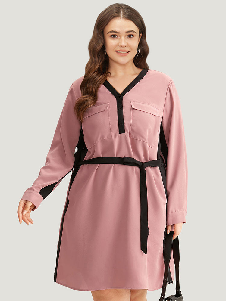 Twill Two Tone Metal Button Up Belted Dress-Sweetccc
