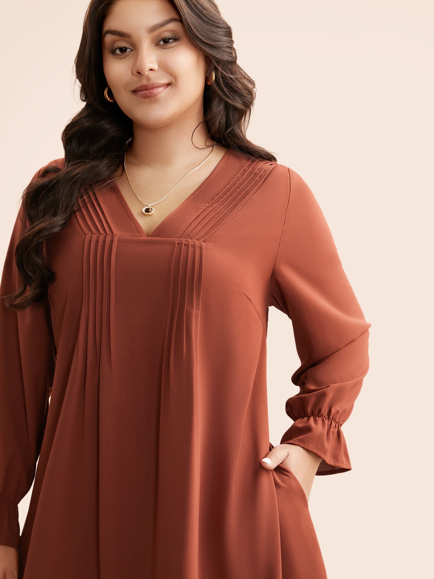 V Neck Pleated Lantern Sleeve Dress-Sweetccc