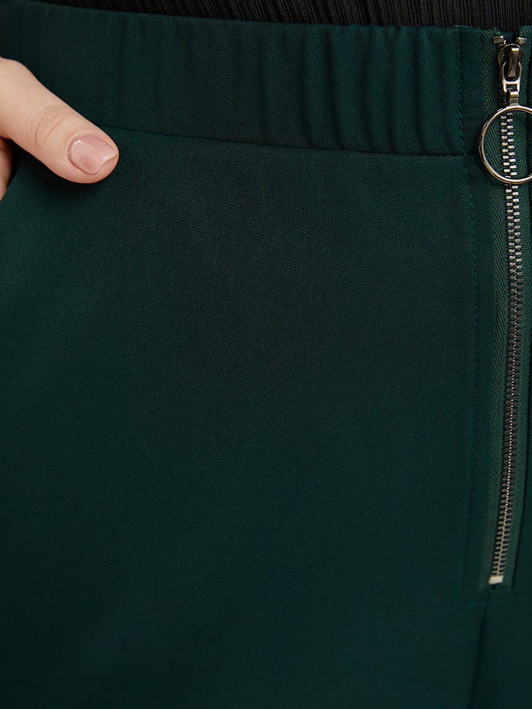 Solid O Ring Zipper Pocket Elastic Waist Wide Leg Pants-Sweetccc