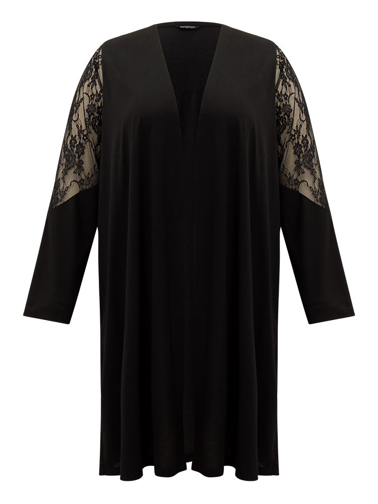 Supersoft Essentials Solid Crochet Lace Mesh Drape Open Front Coat-Sweetccc