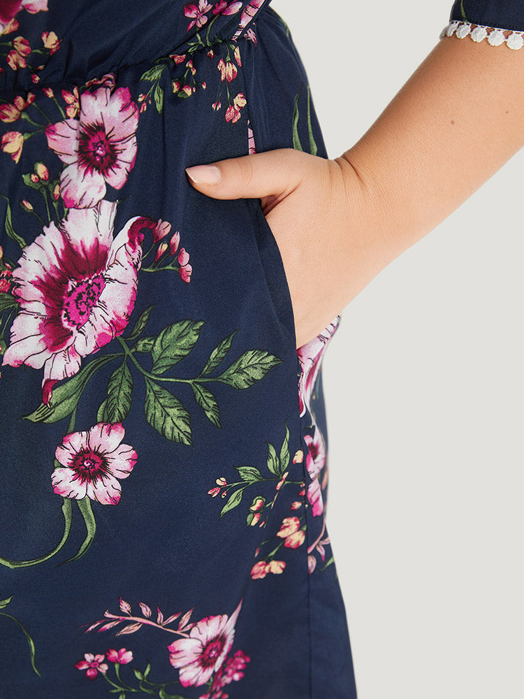 Floral Print Overlap Collar Contrast Trim Pocket Jumpsuit-Sweetccc