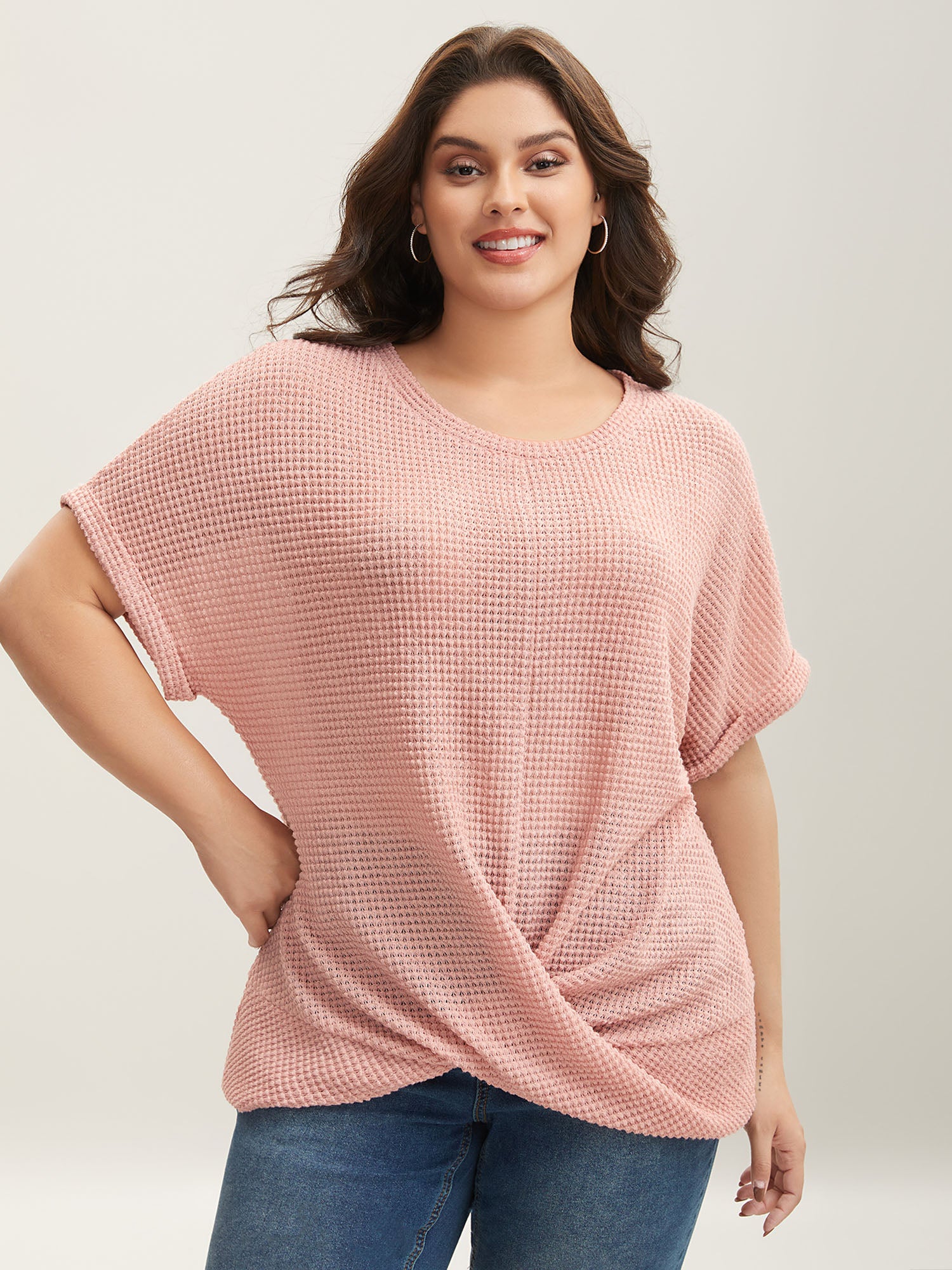 Stretchy Hem Twist Textured Plain T-Shirt-Sweetccc