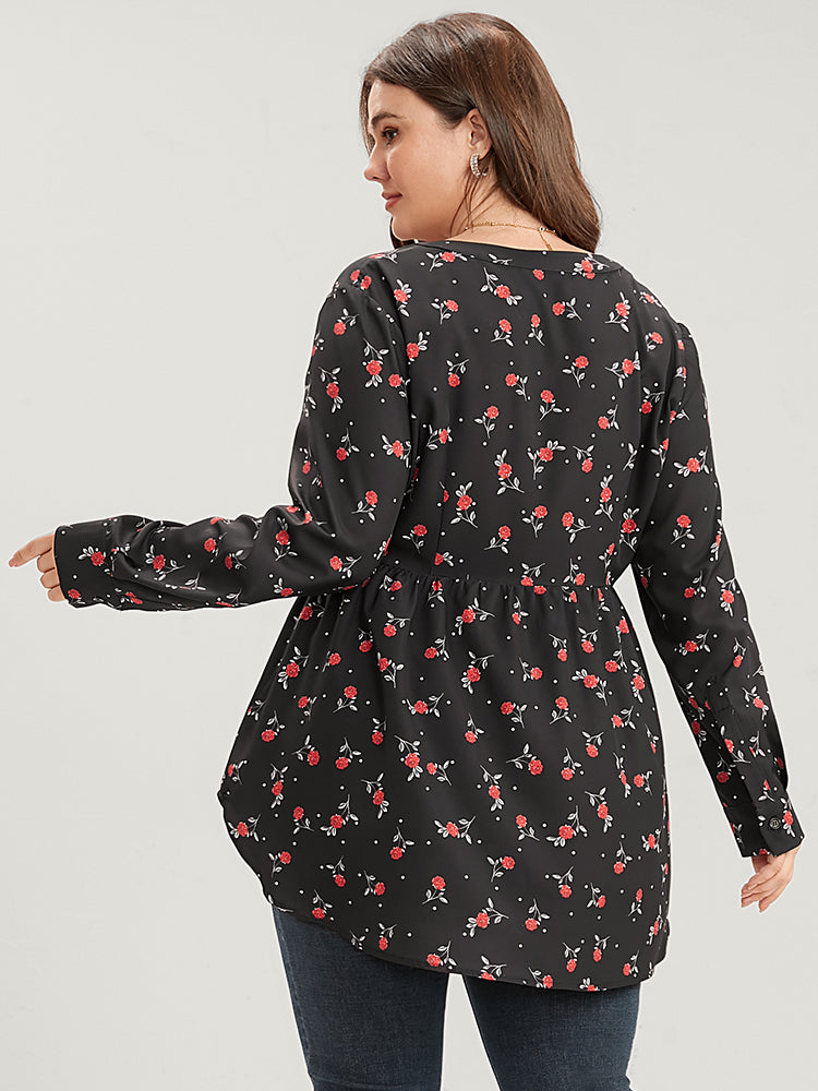 Floral Print Button Up High Low Hem Blouse-Sweetccc