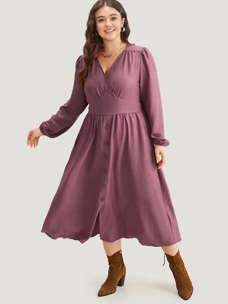 Twill Gathered Button Detail Lantern Sleeve Dress-Sweetccc