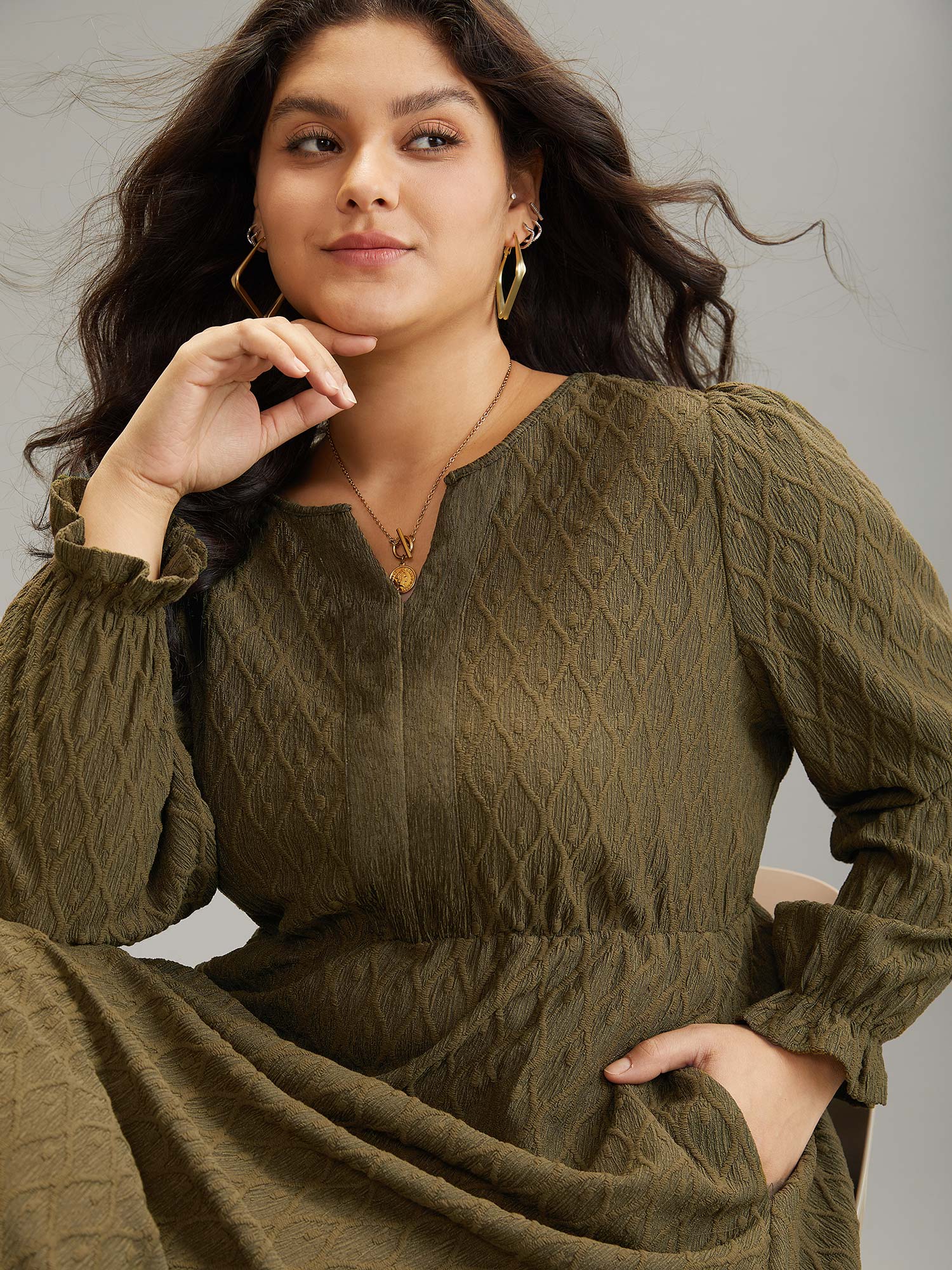 Textured Jacquard Notched Ruffle Sleeve Dress-Sweetccc