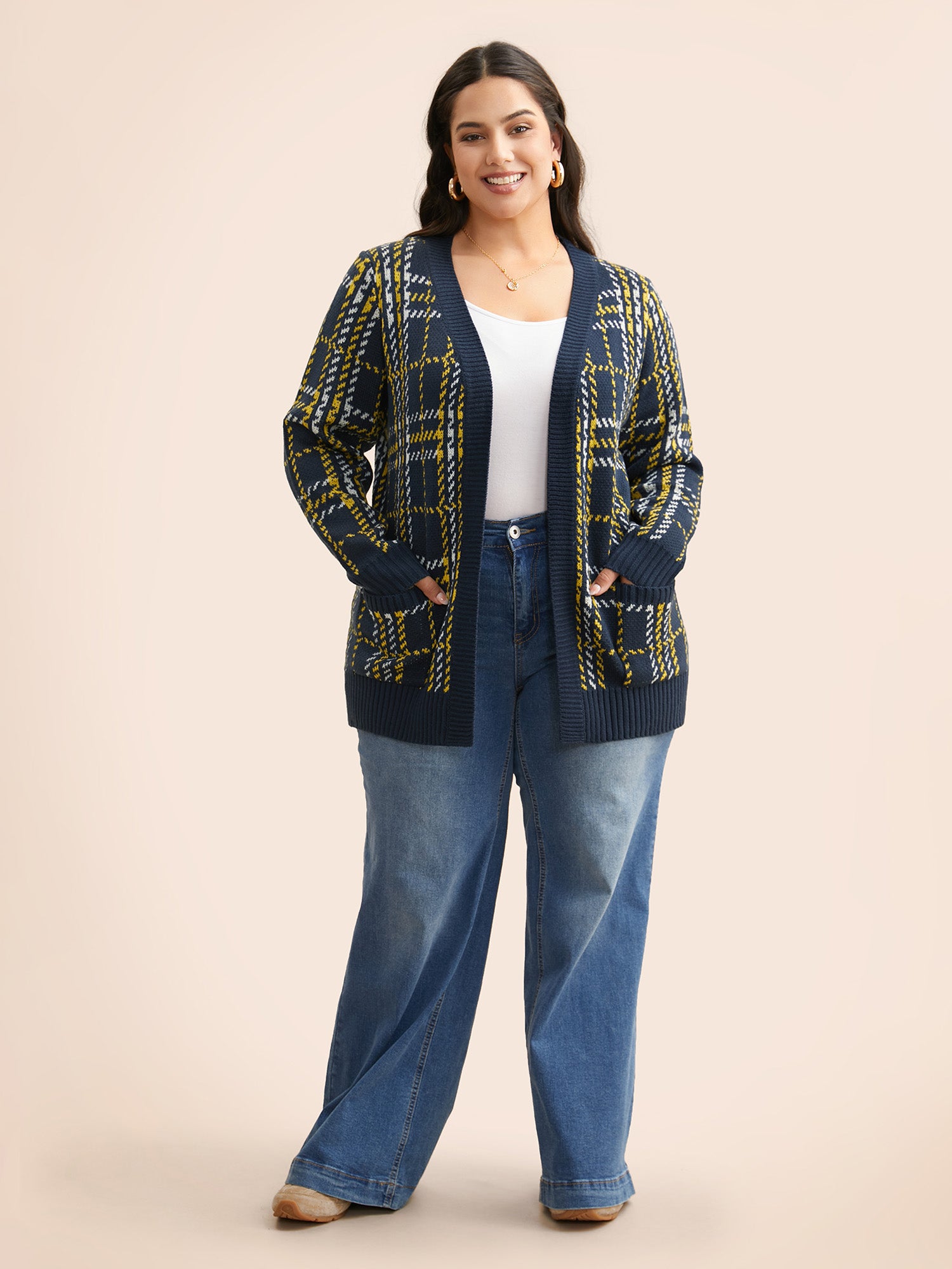 Kimono Collar Plaid Pocket Cardigan-Sweetccc