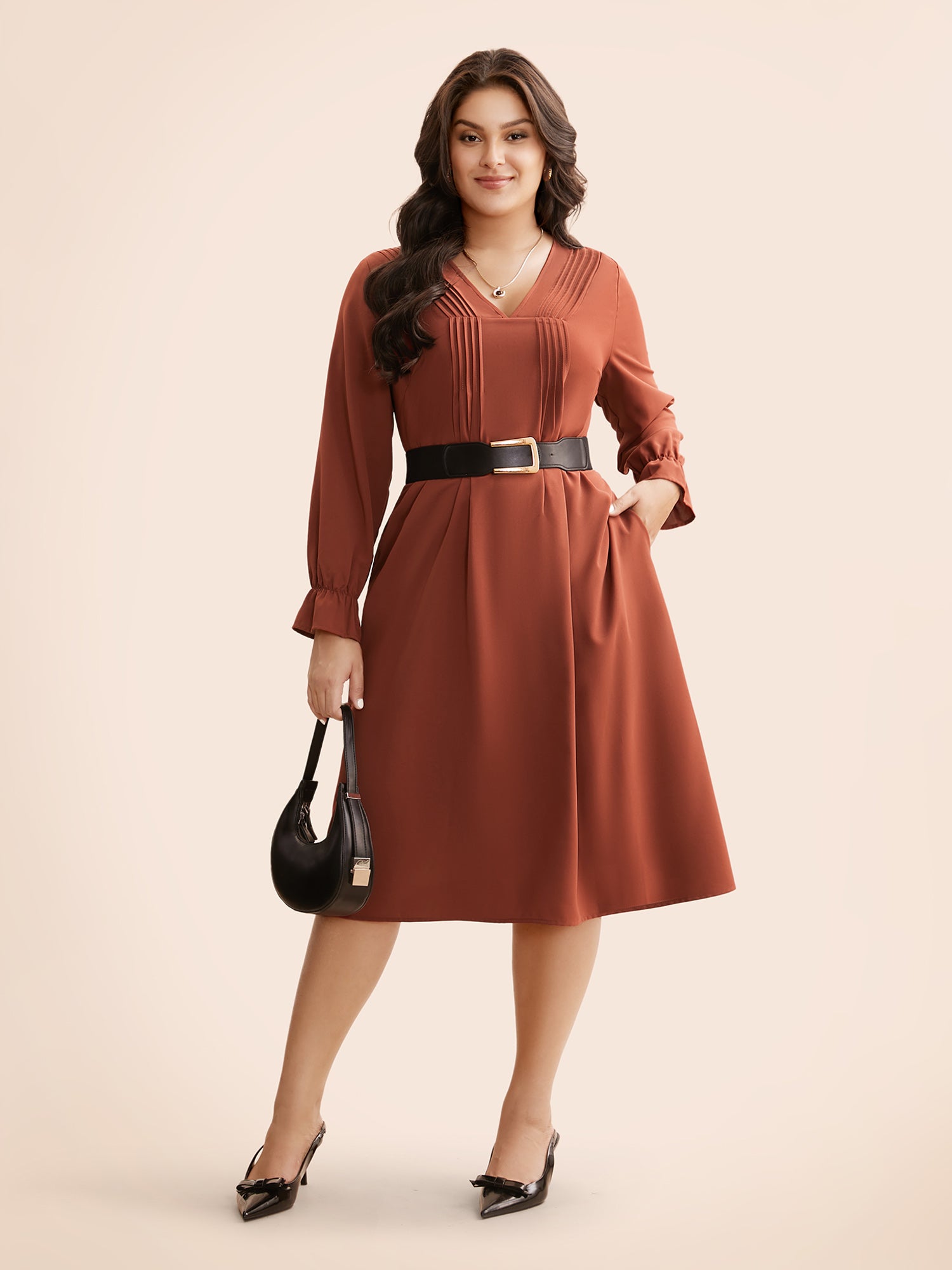 V Neck Pleated Lantern Sleeve Dress-Sweetccc