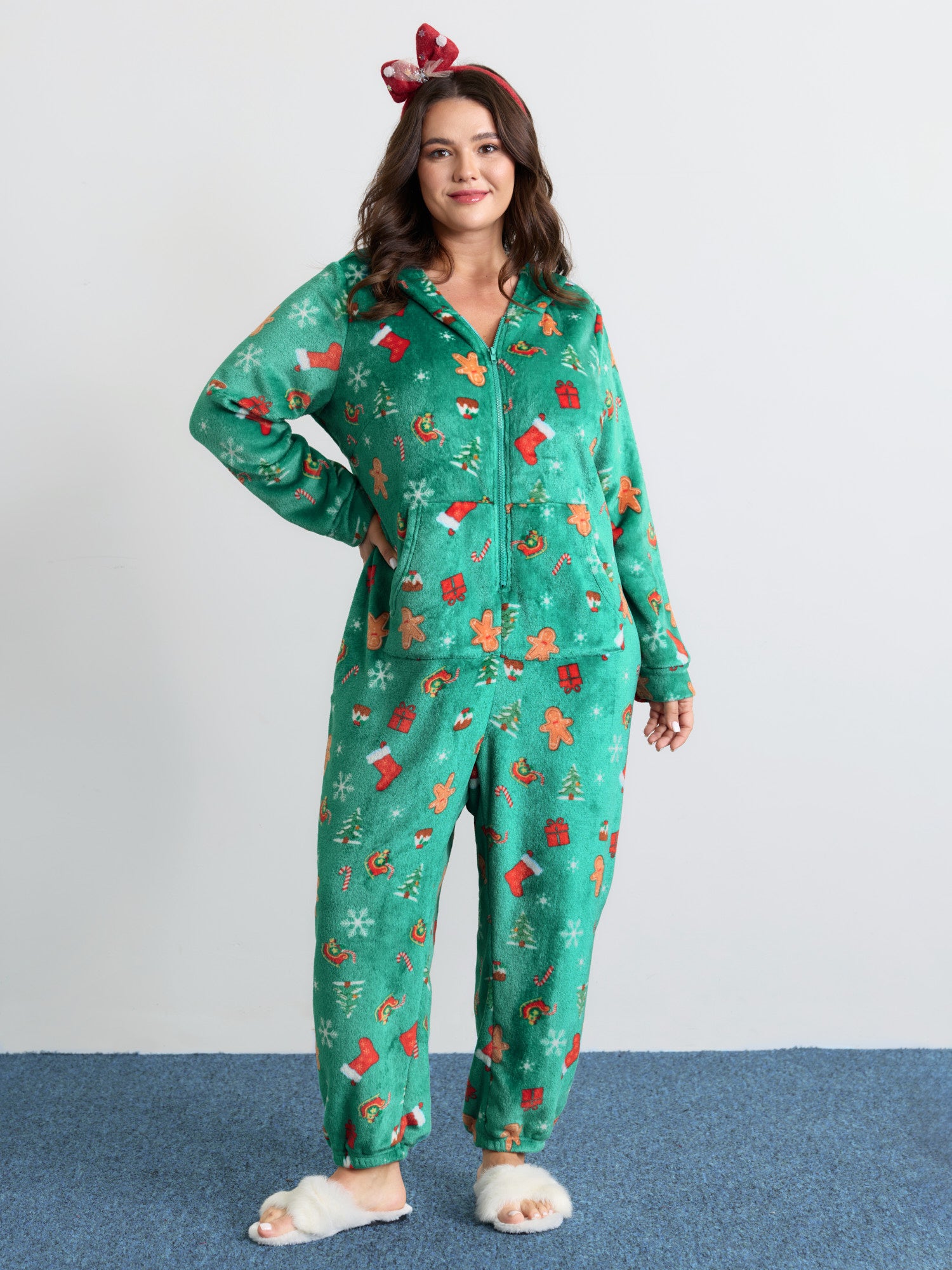 Fleece Holiday Pattern Pockets Hooded Sleep Jumpsuit-Sweetccc