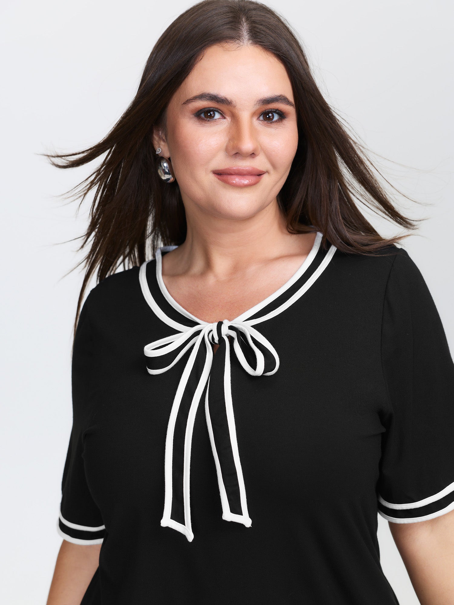 Supersoft Sailor Neck-Tie Contrast Knit Top-Sweetccc