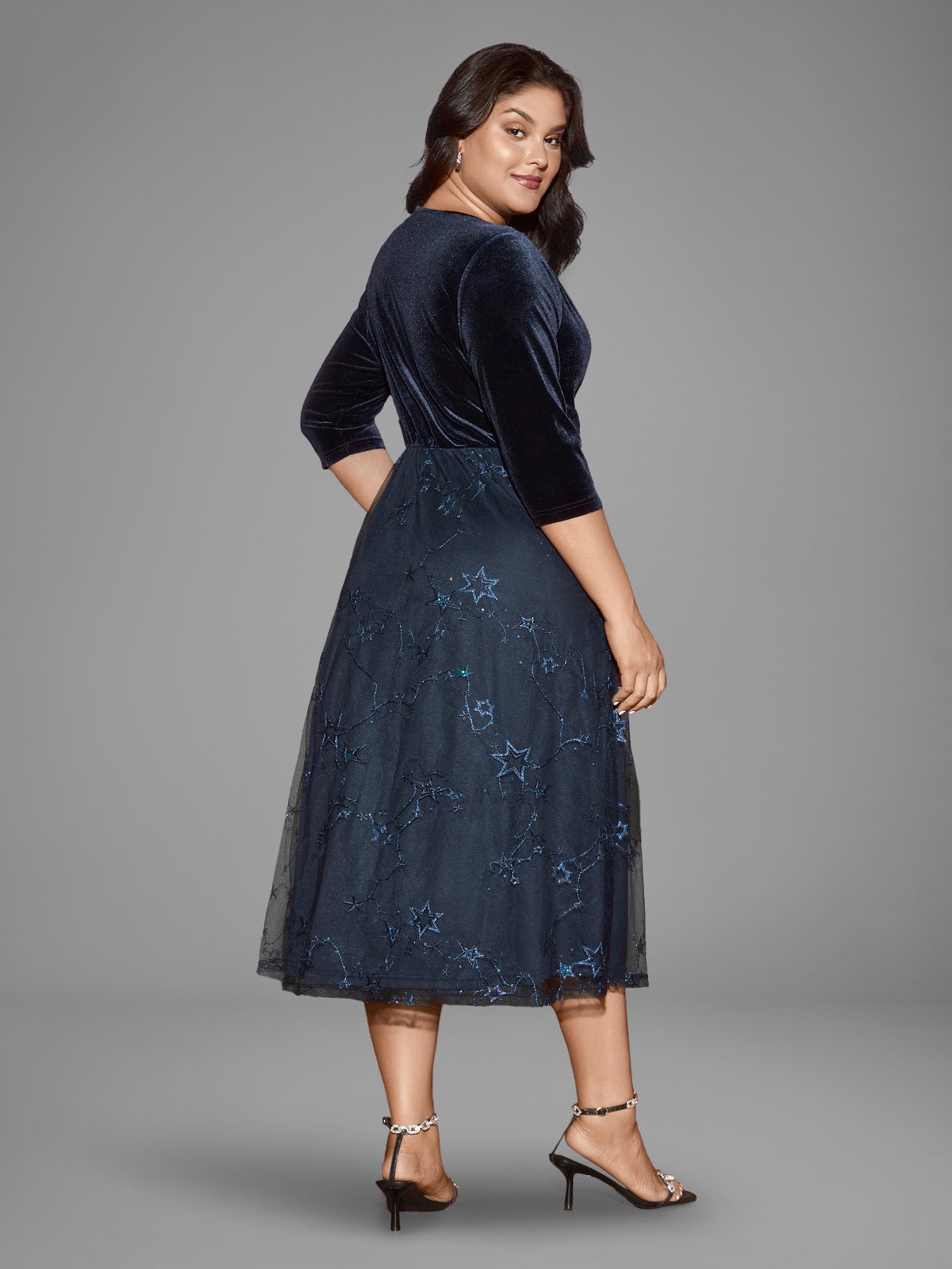 Velvet Star Mesh Surplice Neckline Midi Dress-Sweetccc