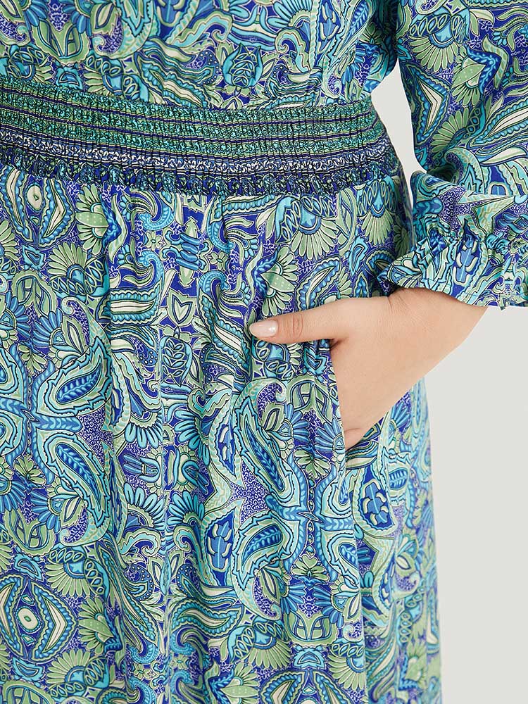 Paisley Print Shirred Flutter Trim Dress-Sweetccc