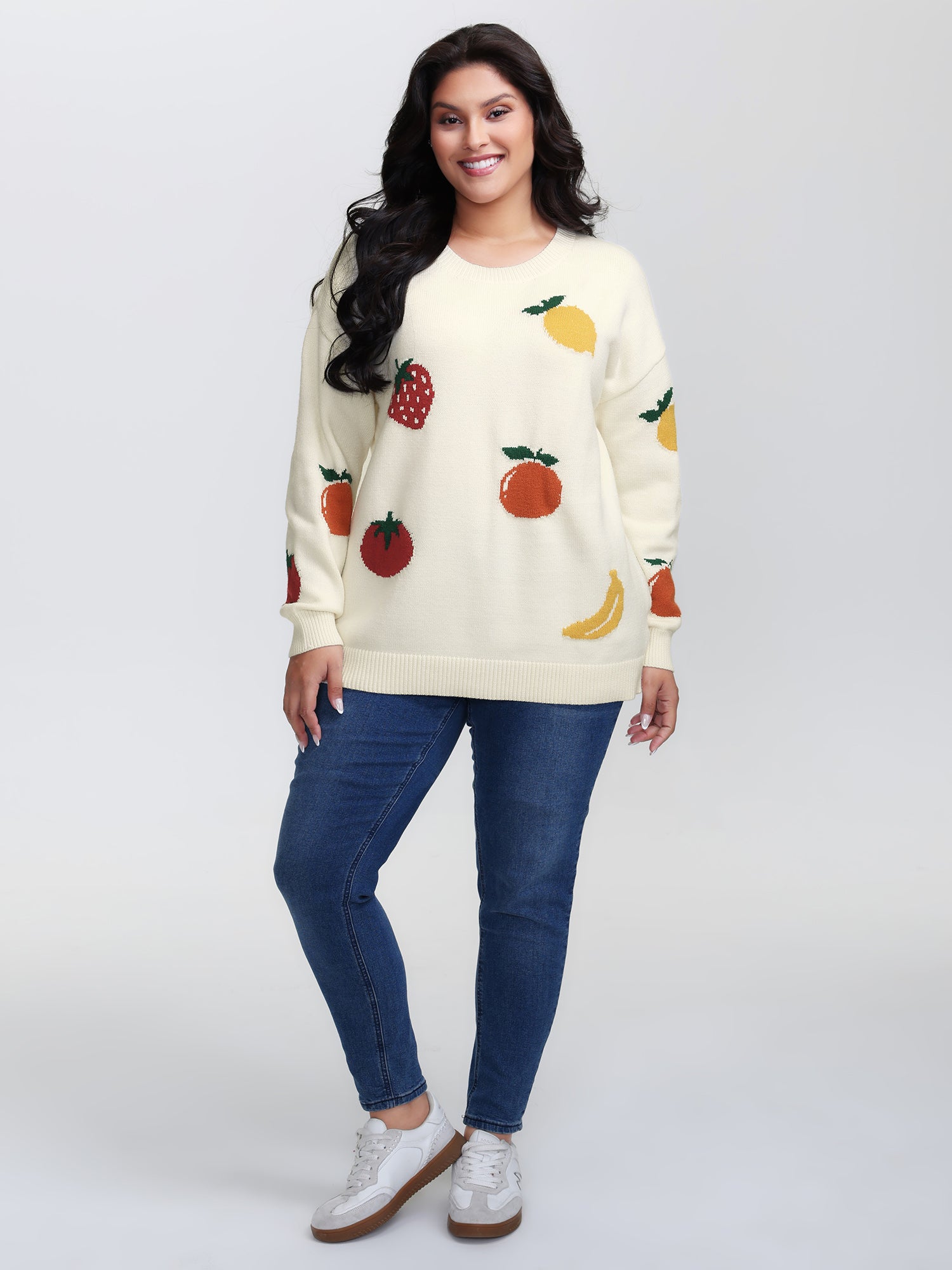 Supersoft Stretchy Fruit Pattern Ribbed Hem Pullover-Sweetccc