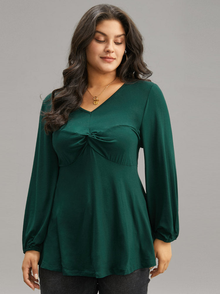 Solid Twist Front Ruched Lantern Sleeve T-shirt-Sweetccc