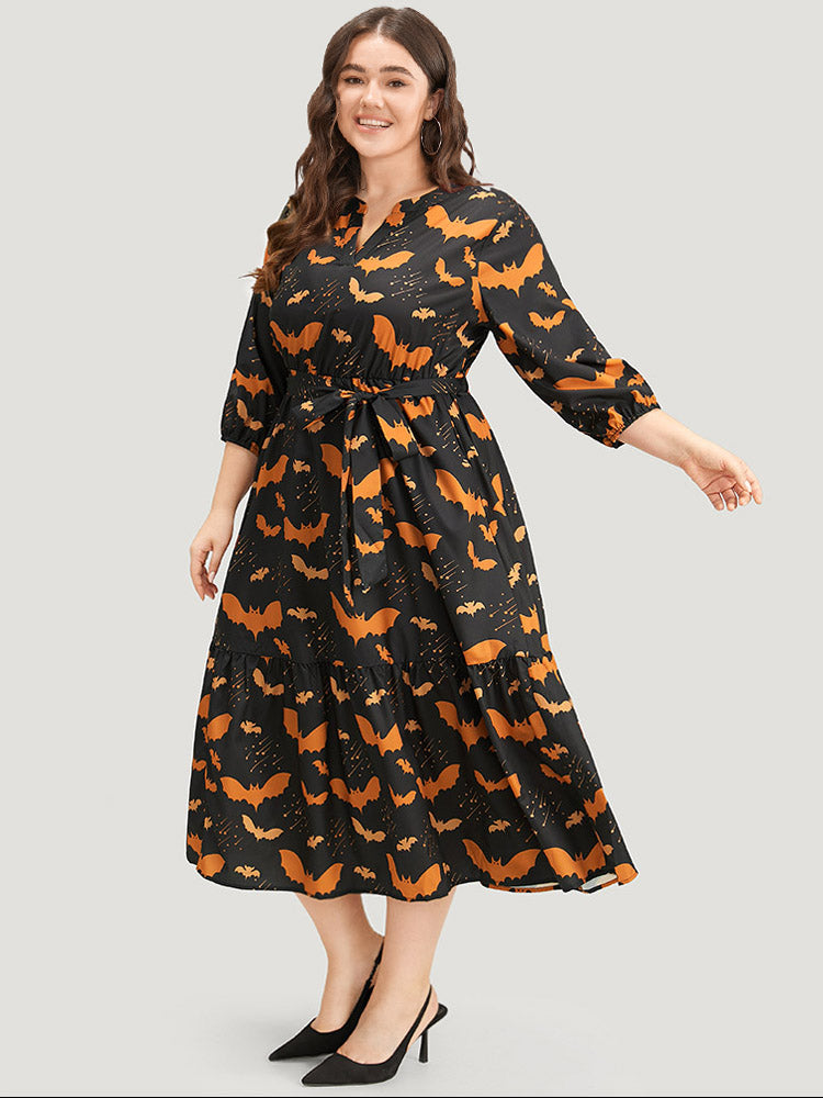 Halloween Bat Print Notched Belted Pocket Dress-Sweetccc