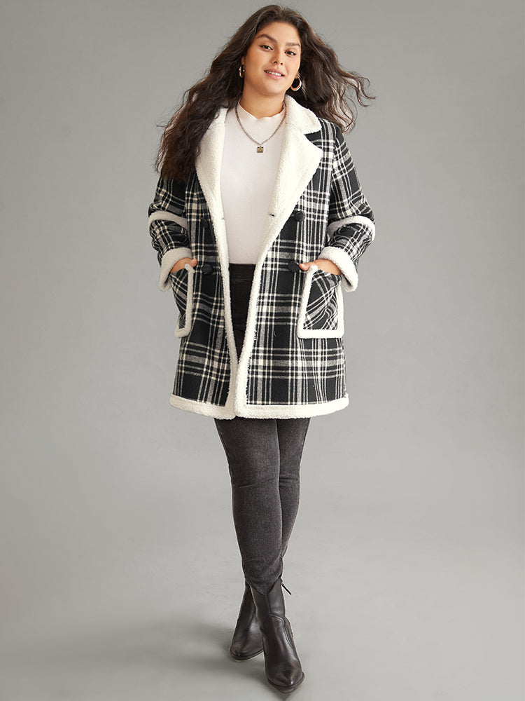 Lapel Collar Plaid Pocket Fuzzy Trim Coat-Sweetccc