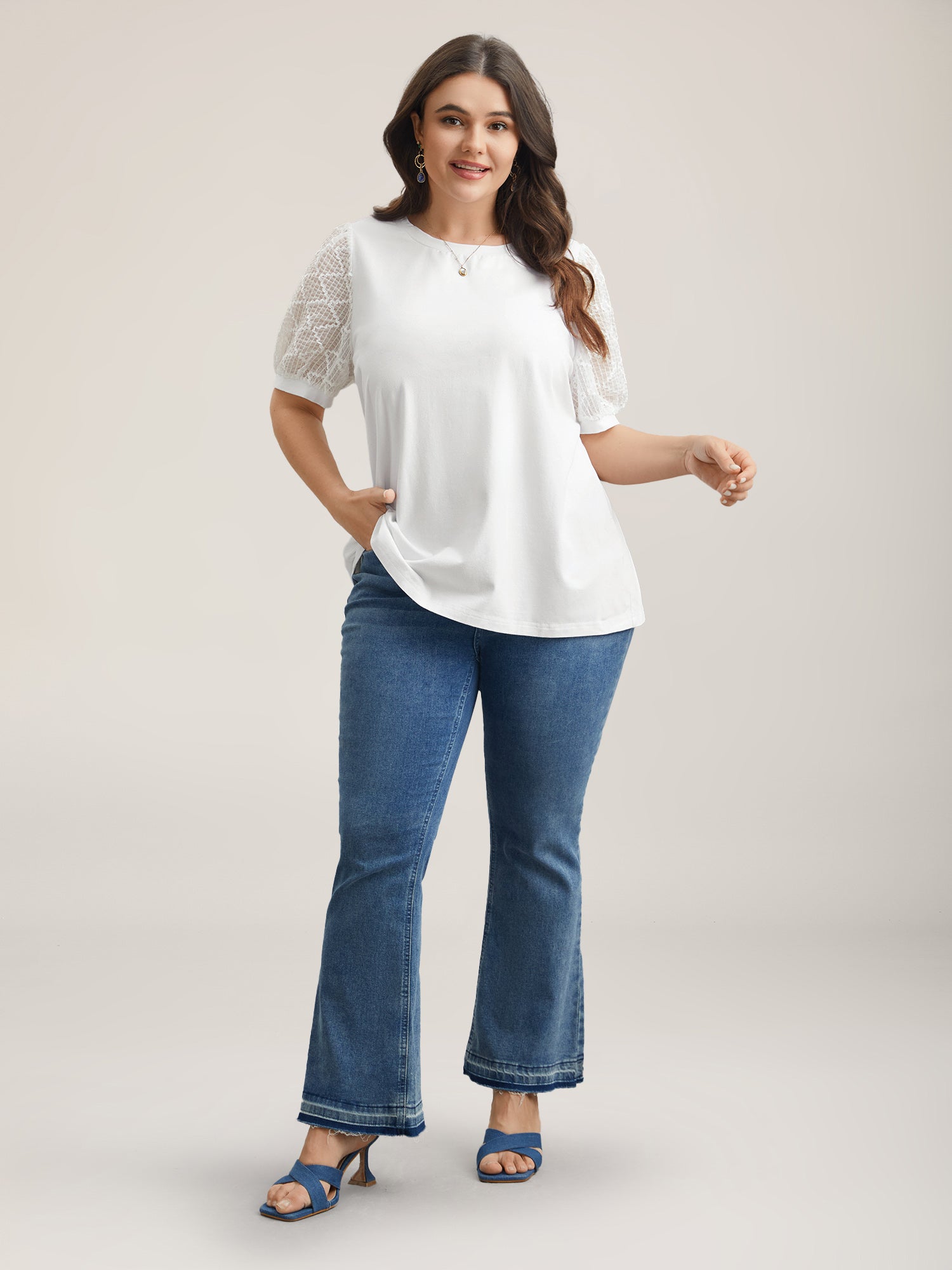 Textured Bubble Lantern Sleeve T-Shirt-Sweetccc